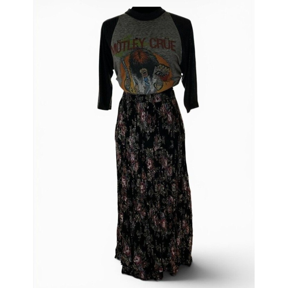 Vintage 90’s Neo Nostalgia Black Floral Crinkle Maxi Skirt. Medium. Bohemian.